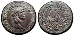 Claudius Æ Sestertius. Rome, circa AD 41/42. TI CLAVDIVS CAESAR AVG P M TR P IMP, laureate head right / EX SC OB CIVES SERVATOS in four lines within oak wreath. Von Kaenel type 54; C. 39; BMC 115; RIC