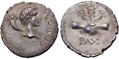 Civil War, Vindex AR Denarius. Uncertain mint in Gaul, AD 68. GENIO P. R., bare head of Augustus as the genius of the Roman people, cornucopiae over shoulder / PAX, clasped hands holding winged caduce