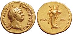 Domitian, as Caesar, AV Aureus. Rome, AD 76-7. CAESAR AVG F DOMITIANVS, laureate head right / COS IIII, legend across fields, cornucopiae with ribbons hanging down each side. RIC 918; Calicó 817. 7.21