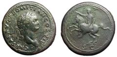 Domitian, as Caesar, Æ Sestertius. Rome, AD 80-81. CAESAR AVG F DOMITIAN COS VII, laureate bust right / Domitian on horseback galloping to left, holding eagle-tipped sceptre; SC below. Unpublished in 