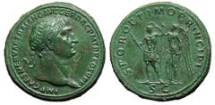 Trajan Æ Sestertius. Rome, AD 105-111. IMP CAES NERVAE TRAIANO AVG GER DAC P M TR P COS V P P, laureate bust right / SPQR OPTIMO PRINCIPI, Trajan standing left in military attire, holding thunderbolt 