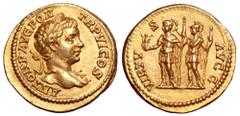 Caracalla AV Aureus. Rome, AD 203. ANTON P AVG PON TR P VI COS, laureate bust right, with aegis on left shoulder / VIRTVS AVGG, Caracalla standing left, holding Victory and spear, being crowned by Min