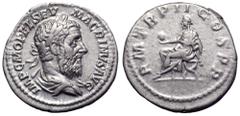 Macrinus AR Denarius. Rome, AD 217-218. IMP C M OPEL SEV MACRINVS AVG, laureate, draped and cuirassed bust right / P M TR P II COS P P, Macrinus seated left on curule chair, holding globe and short sc
