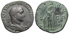 Gordian II Æ Sestertius. Rome, AD 238. IMP CAES M ANT GORDIANVS AFR AVG, laureate, draped and cuirassed bust right / VIRTVS AVGG, Virtus standing left, right hand on shield, holding spear in left, S-C