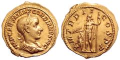 Gordian III AV Aureus. Rome, AD 239. IMP CAES M ANT GORDIANVS AVG, laureate, draped and cuirassed bust right / P M TR P II COS P P, Jupiter standing facing, holding thunderbolt and sceptre over Gordia