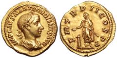Gordian III AV Aureus. Rome, AD 240. IMP CAES M ANT GORDIANVS AVG, laureate, draped and cuirassed bust right / P M TR P II COS P P, Gordian, togate and veiled, standing facing, sacrificing out of pate
