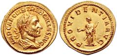 Trebonianus Gallus AV Aureus. Rome, AD 251. IMP CAE C VIB TREB GALLVS AVG, laureate, draped and cuirassed bust right / PROVIDENTIA AVG, Providentia standing left, holding globe and sceptre. RIC 23; Ca