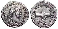 Carausius AR Denarius. 'RSR' mint, AD 286-293. IMP CARAVSIVS P F AVG, laureate, draped and cuirassed bust right / CONCORDIA MLITVM (sic), clasped hand; RSR in exergue. RIC -, 548 var.; C. -; Shiel -. 