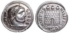 Severus II, as Caesar, AR Argenteus. Serdica, AD 305-306. SEVERVS NOB C, laureate head right / VIRTVS MILITVM, three-turreted camp gate with no doors, •SM•SDA• in exergue. RIC -; Cf. NAC 62, 6 October