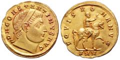 Constantine I AV Medallion of 1¼ Solidi. Nicomedia, AD 325-326. D N CONSTANTINVS AVG, diademed bust right, with uplifted gaze / EQVIS ROMANVS, Constantine, bare-headed and in military dress, mounted r