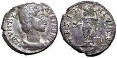 Helena II AR Heavy Siliqua. Uncertain mint, AD 360. FLAV MAX HELENA AVG, diademed and draped bust right, hair bound in bunch behind / AETERNITAS, Aeternitas standing left, holding globe and rudder set
