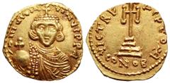 Justinian II, First Reign, AV Solidus. Uncertain Italian mint, circa AD 687-695. d N IVSTINIANVS PP A, bust facing, wearing crown and chlamys, holding globus cruciger / VICTRA AGVTO, cross potent on t