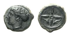 Sicily, Syracuse Æ Tetras. Circa 415-405 BC. ΣΥΡΑ, head of Arethusa left with hair in ampyx / ΣΥ ΡΑ and two dolphins within spokes of wheels. CNS II, 19-23; HGC 2, 1479. 3.50g, 17mm, 3h. Good Very Fin
