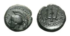 Ionia, Magnesia ad Maeandrum. Æ11 Circa 400-350 BC. Helmeted head of Athena left / Trident; all within circular maeander pattern. SNG Copenhagen 810 (obol); SNG Kayhan 404 (obol); SNG von Aulock 2032 