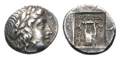 Lykia, Myra as a member of the Lycian League AR Drachm. 167-81 BC. Laureate head of Apollo right, bow and quiver over shoulder / City initials M-Y on either side of a kithara, ΛVKIΩΝ above, winged cad