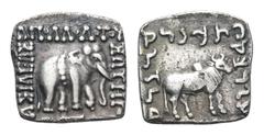 Baktria, Greco-Baktrian Kingdom. Apollodotos I Soter AR Drachm. Circa 180-160 BC. Indian standard. Elephant advancing right; monogram below / Zebu bull standing right; monogram below. Bopearachchi Sér