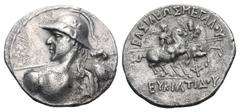 Baktria, Greco-Baktrian Kingdom. Eukratides I AR Tetradrachm. Circa 171-145 BC. Diademed and draped bust heroic bust left, holding spear, wearing helmet adorned with bull's horn and ear / The Dioskour