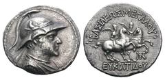 Baktria, Greco-Baktrian Kingdom. Eukratides I Megas AR Tetradrachm. Circa 170-145 BC. Diademed and draped bust right, wearing crested helmet adorned with bull's horn and ear / The Dioskouroi on horseb