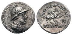Baktria, Greco-Baktrian Kingdom. Eukratides I Megas AR Tetradrachm. Circa 170-145 BC. Diademed and draped bust right, wearing crested helmet adorned with bull's horn and ear / The Dioskouroi on horseb