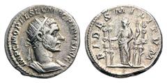 Macrinus AR Antoninianus. Rome, AD 217. IMP C M OPEL SEV MACRINVS AVG Radiate and draped bust of Macrinus to right / FIDES MILITVM Fides standing left holding two standards; to left and right, standar