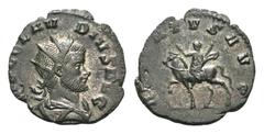 Claudius II Gothicus Antoninianus. Rome, AD 268. IMP C CLAVDIVS AVG, radiate, draped, and cuirassed bust right, seen from behind / ADVENTVS AVG, Claudius on horseback riding left, holding sceptre and 