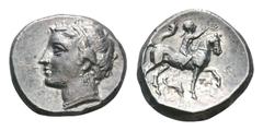 Calabria, Tarentum AR Nomos. Campano-Tarentine issue. Circa 281-228 BC. Diademed head of the nymph Satyra left wearing triple-drop earring / Nude youth on horseback right, crowning horse with raised l