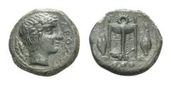 Sicily, Leontini Æ Tetras. Circa 405-402 BC. ΛEON, laureate head of Apollo right; laurel leaf with berry behind / Tripod, lyre behind central leg, barley grain on either side; three pellets in exergue