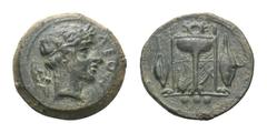 Sicily, Leontini Æ Tetras. Circa 405-402 BC. ΛEON, laureate head of Apollo right; laurel leaf with berry behind / Tripod, lyre behind central leg, barley grain on either side; three pellets in exergue