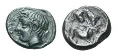Sicily, Piakos Æ Tetras. Circa 425-420 BC. Head of river-god right, Π-I-A-K and three pellets before / Hound attacking fawn right, barley grain before. Calciatti 2. 2.36g, 14mm, 8h. Near Extremely Fin