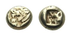 Kingdom of Lydia. Alyattes EL Hemihekte. 600-580 BC. Two confronted heads of lions (the left one off flan); between them, Lydian legend, VALVEL / Irregular square punch. Weidauer 113. J. Spier in Stud