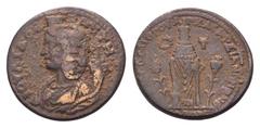 Julia Domna Æ30 of Sardes, Lydia. AD 193-217. Draped bust of Julia Domna as Tyche left with kalathos and cornucopia / Cult statue of Kore standing facing; grain ears and poppy at feet; wreath and bucr
