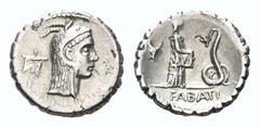 L Roscius Fabatus AR Serrate Denarius. Rome, 64 BC. Bust of Juno Sospita in goat skin; symbol behind; L•ROSCI below / Female figure standing right feeding serpent before; symbol behind; FABATI in exer