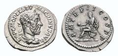 Macrinus AR Denarius. Rome, AD 217-218. IMP C M OPEL SEV MACRINVS AVG, laureate, draped and cuirassed bust right / P M TR P II COS P P, Macrinus seated left on curule chair, holding globe and short sc