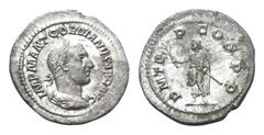 Gordian I AR Denarius. Rome, March-April AD 238. Laureate and draped bust right / ;P M TR COS P P, Togate emperor standing left, holding branch and short sceptre RIC 1; RSC 2. 2.49g, 22mm, 6h. Good Ve