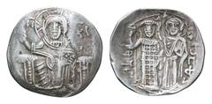 Manuel I Comnenus EL Aspron Trachy. Constantinopolis, circa AD 1167-1183. Christ Pantokrator seated facing / The Virgin standing facing at right, crowning the emperor standing at left, holding labarum
