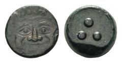 Sicily, Himera Æ Tetras. Circa 430-420 BC. Facing gorgoneion with protruding tongue / Three pellets. Kraay, Bronze 1b; CNS 18; Virzi 1034-5; SNG Morcom 596; SNG ANS 181; SNG Copenhagen 315-6; Weber 13
