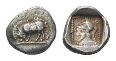 Dynasts of Lykia. Uncertain Dynast AR 1/3 Stater. Circa 490-430 BC. Boar standing left, head lowered / Bearded head left, wearing crested Corinthian helmet, in pelleted square border; all within incus