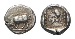 Dynasts of Lykia. Uncertain Dynast AR 1/3 Stater. Circa 490-430 BC. Boar standing left, head lowered / Bearded head left, wearing crested Corinthian helmet, in pelleted square border; all within incus