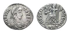 Jovinus Usurper AR Siliqua. Arelate (Arles), AD 411-413. D N IOVIN–VS P F AVG, Pearl-diademed, draped, and cuirassed bust right / RESTITV–TOR REIP, Roma seated left, holding Victory on globe and rever