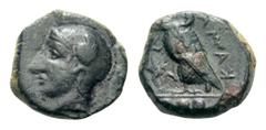 Sicily, Kamarina Æ Tetras. Circa 420-405 BC. Helmeted head of Athena left / Owl standing left, grasping lizard; ••• (mark of value) in exergue. Westermark & Jenkins 200; CNS 33; SNG ANS 1229; HGC 2, 5