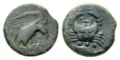 Sicily, Akragas Æ Tetras. Circa 420-406 BC. Eagle standing right, head lowered, on hare held in its talons / Crab; below, three pellets (mark of value) and crayfish left. CNS 52-54; SNG ANS 1034-46. 5