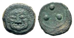 Sicily, Himera Æ Tetras. Circa 430-420 BC. Facing gorgoneion with protruding tongue / Three pellets. Kraay, Bronze 1b; CNS 18; Virzi 1034-5; SNG Morcom 596; SNG ANS 181; SNG Copenhagen 315-6; Weber 13