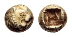 Kings of Lydia, time of Alyattes EL 1/12 Stater. Sardes, circa 610-560 BC. Head of lion right, solar disk above forehead / Double-square incuse punch. Weidauer 90; SNG Kayhan 1015. 1.18g, 8mm. Good Ve