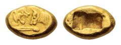 Kingdom of Lydia, time of Kroisos to Darios I AV 1/3 Stater. Sardes, circa 550-520 BC. Confronted foreparts of lion right and bull left / Two incuse squares of unequal size. Carradice 7; Berk 6; BMC 3