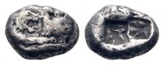 Kingdom of Lydia, time of Kroisos to Darios I AR 1/2 Stater (Siglos). Sardes, circa 550-520 BC. Confronted foreparts of lion right and bull left / Two incuse squares of unequal size. Carradice 3; Berk