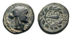 Lydia, Sardes Æ15. Circa 133 BC-AD 14. Laureate head of Apollo right / ΣΑΡΔΙ-ΑΝΩΝ, Club within laurel wreath; monogram above. SNG Copenhagen 473. 3.26g, 15mm, 6h. Very Fine.