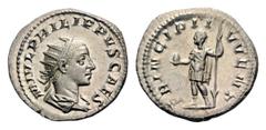 Philip II AR Antoninianus. Rome, AD 244-246. M IVL PHILIPVS CAES, radiate, draped and cuirassed bust right / PRINCIPI IVVENT, Philip II standing left, holding globe and spear. RIC 218. 3.99g, 22mm, 11