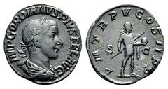 Gordian III Æ Sestertius. Rome, AD 241-243. IMP GORDIANVS PIVS FEL AVG, laureate and draped bust right / P M TR P V COS II P P, Gordian in military dress, standing right, holding transverse spear and 