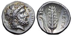 Lucania, Metapontion AR Stater. Circa 333-330 BC. Laureate head of Zeus right, ΕΛΕΥΘΕΡΙΟΣ before, Δ behind / Ear of barley with leaf to left, upon which Silenos crouches; META to right, [A]Δ below. Jo