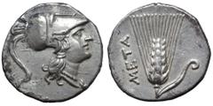 Lucania, Metapontion AR Half-Shekel. Hannibalic issue, circa 215-207 BC. Helmeted head of Athena right, wearing crested Corinthian helmet / Ear of barley with leaf to right; META to left. HN Italy 163